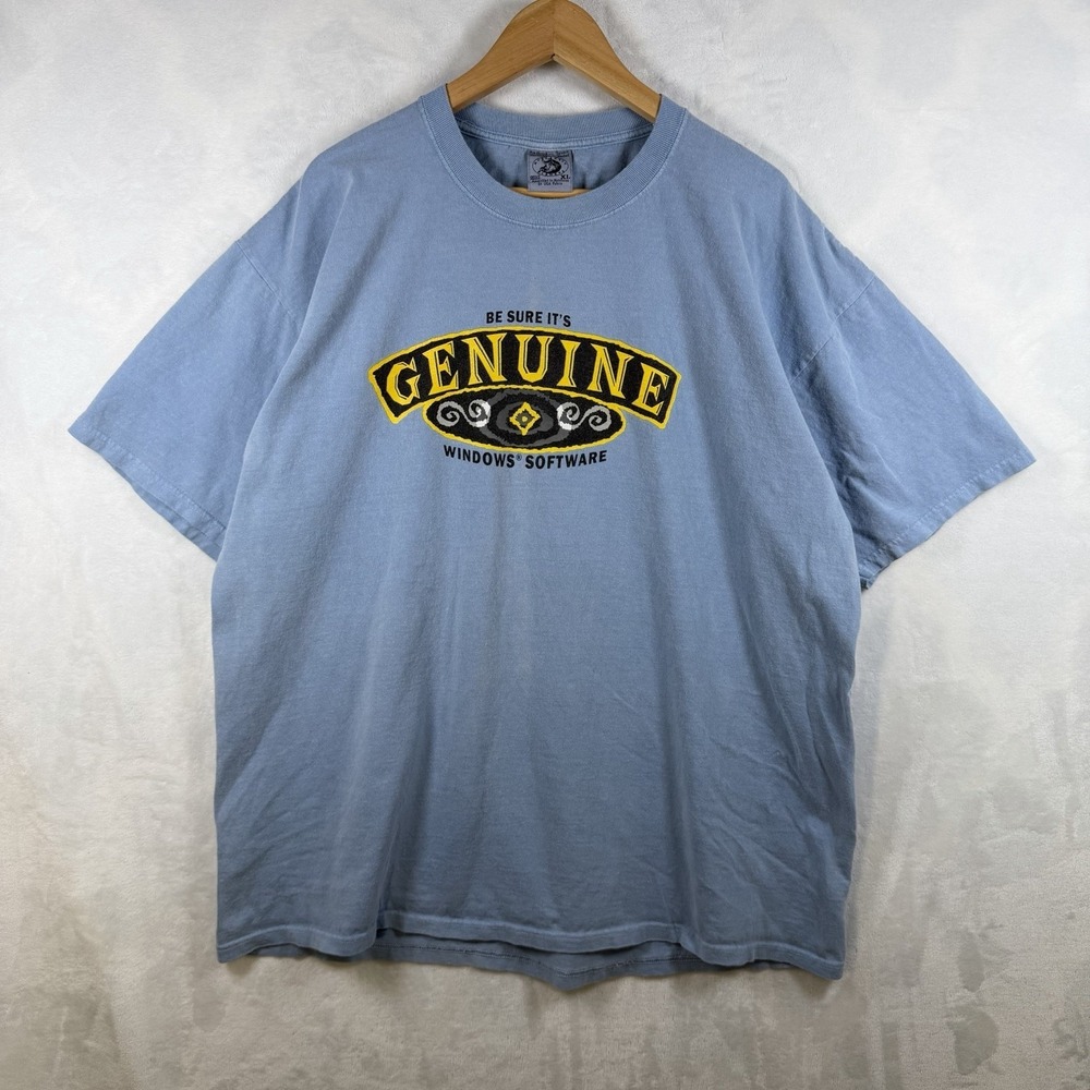 Vintage 90s Microsoft Genuine Software T-Shirt Men's XL Blue Short Sleeve Tech